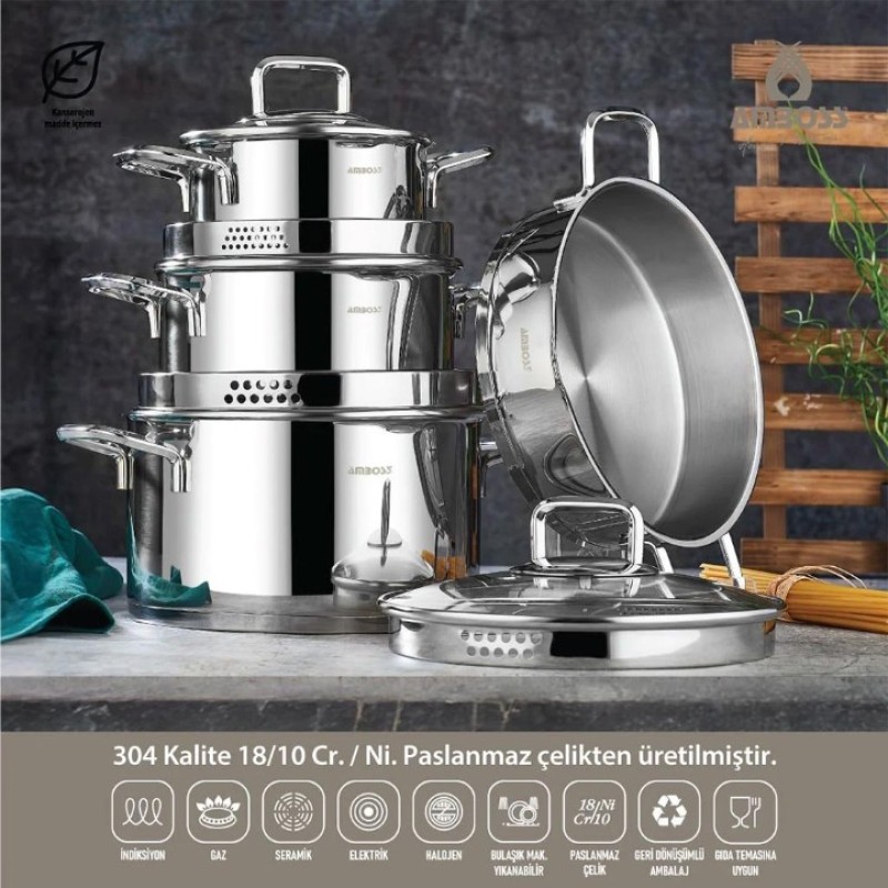 AMBOSS STRANIER 8 PARÇA SÜZGEÇLİ ÇELİK TENCERE SETİ DIA 6572